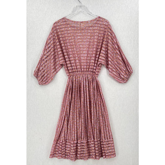 Vintage 80s Dress Womens Small Pink Sheer Striped 3/4 Sleeve Midi Tiny Floral - Picture 16 of 16